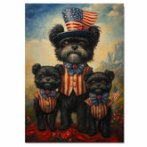Black Affenpinscher Mother and Puppies Wearing Patriotic Red White and Blue Outfits Holding American Flag with Mountain Background on Ready to Hang 1.5" Thick Canvas Wrap, Floating Framed Canvas, Flat Rolled Canvas